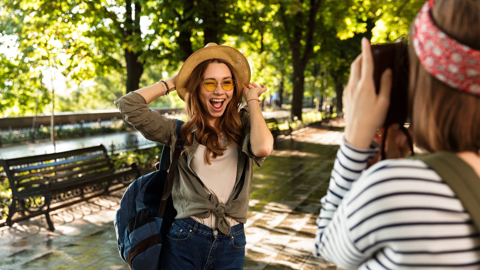 A photo of a tourist taking staged photos