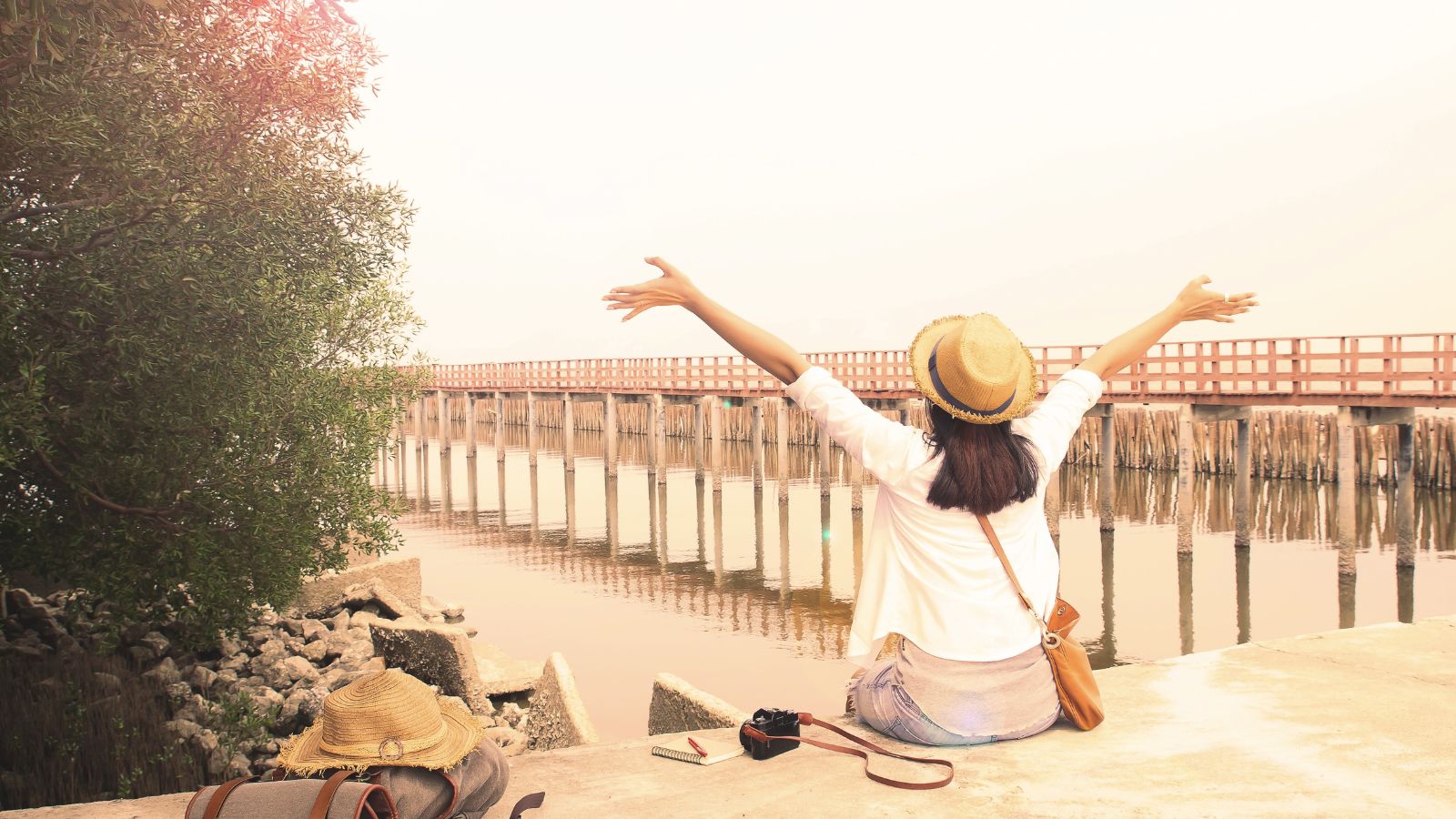 A photo of a Relaxed traveler enjoying destination.