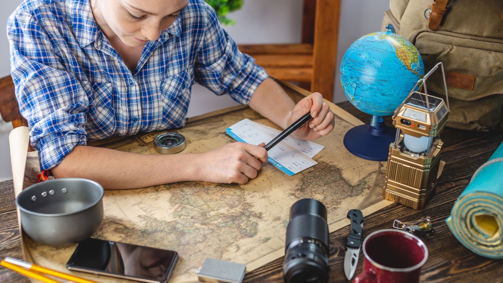 A photo of a traveler planning thoughtful.