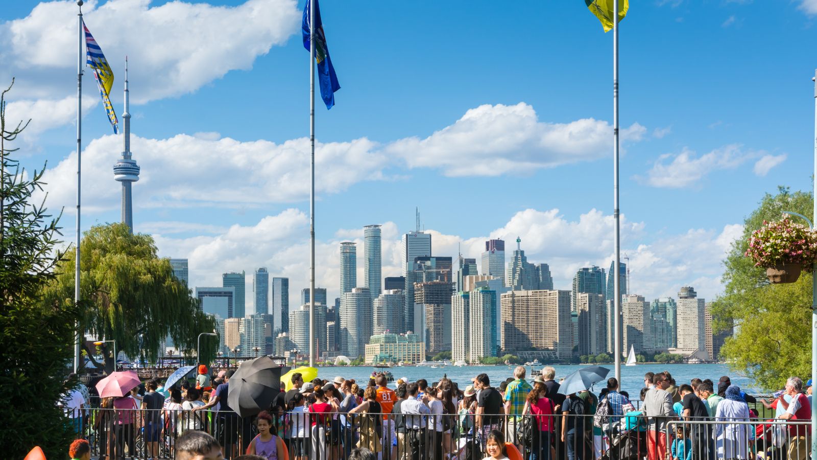 A photo of Canadian city skyline with modern buildings and travelers walking downtown, travel budget concept.