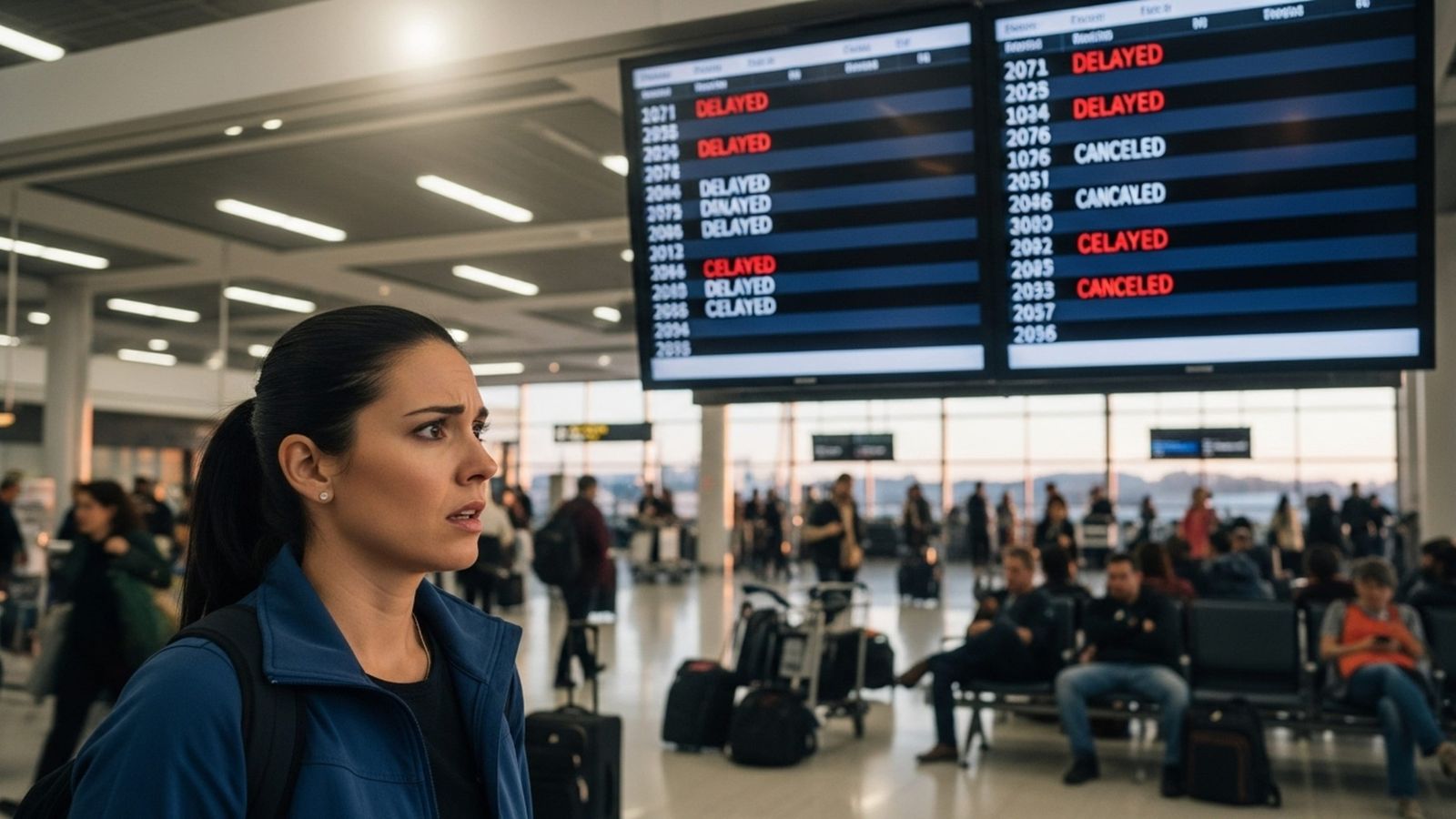 A photo of a woman displaying anxious expression, behind her is the airport board showing canceled and delayed flights.