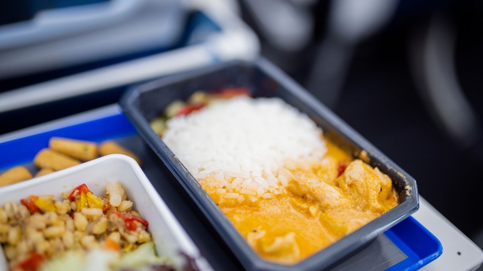 Close-up of an airline meal tray with white rice and curry, plus a side dish of mixed vegetables and snacks.
