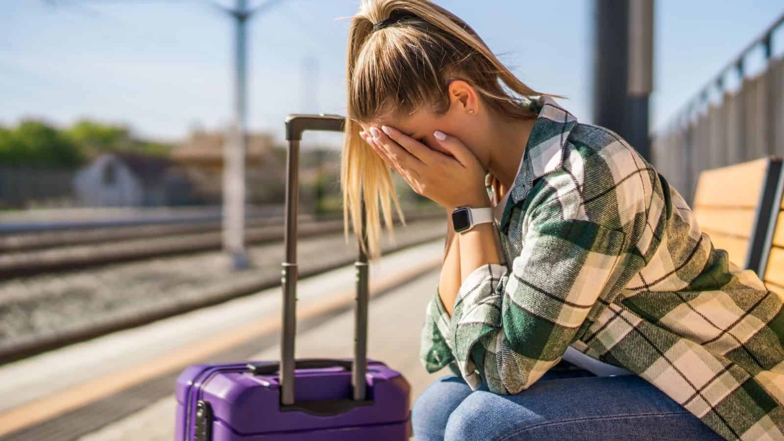 A woman with her head in her hands sits on a bench at a train station beside a purple suitcase.
