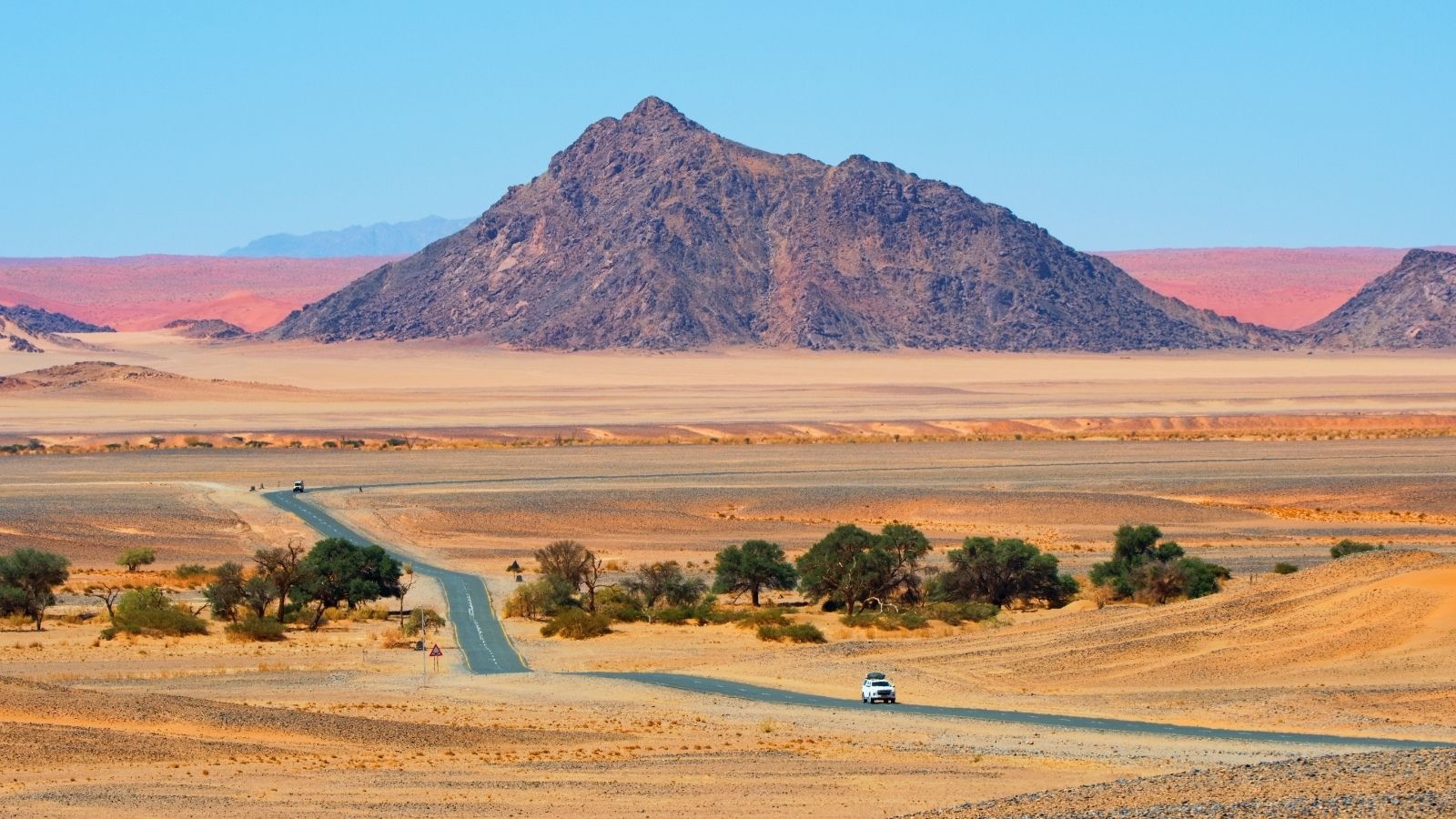 A paved road cuts through a desert with scattered trees, heading toward a rocky mountain beneath a clear blue sky.