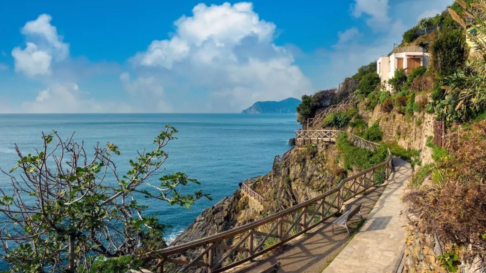 Cliffside walking path overlooking the Mediterranean along Sentiero Azzurro in Cinque Terre, Italy.