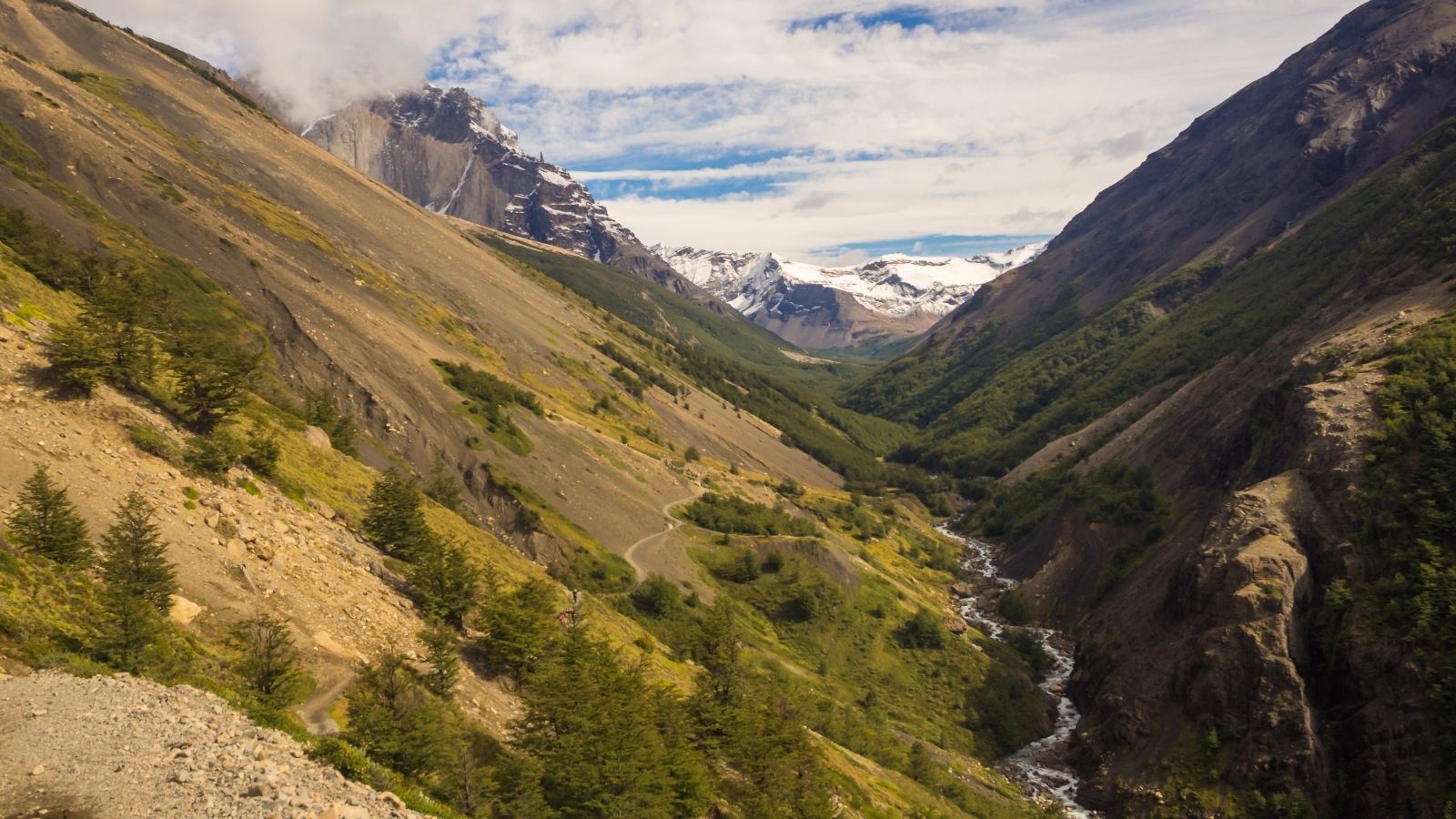 Wide mountain valley with a winding river along the W Trek in Torres del Paine, Chile.