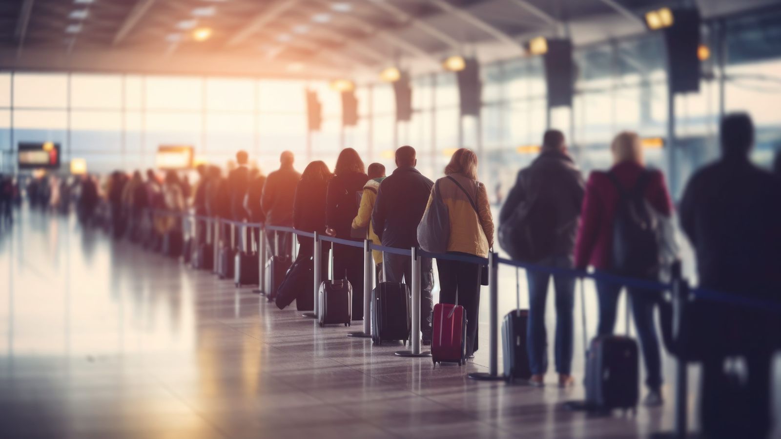Travelers with suitcases wait in a long line at an airport security checkpoint under bright lights.
