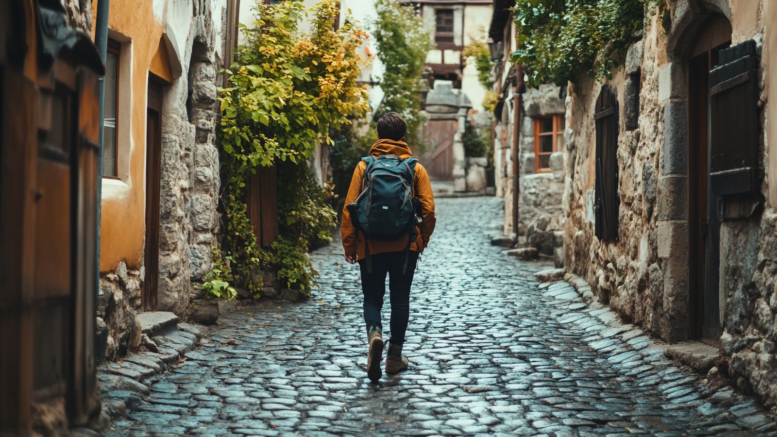 A photo of traveler walking along a narrow cobblestone street between centuries-old buildings in a European city.