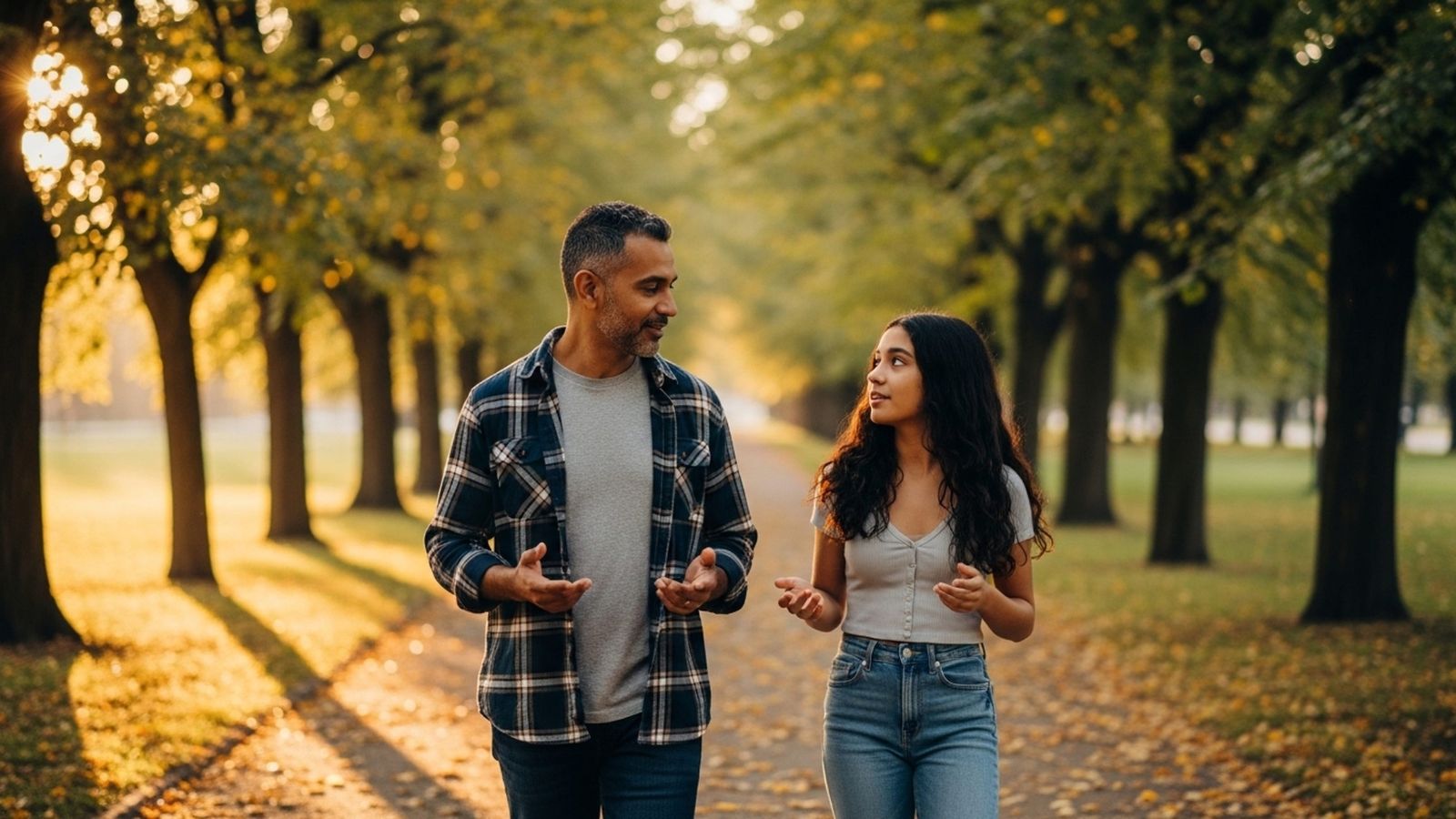 A photo of couple that is discussing about something while walking.