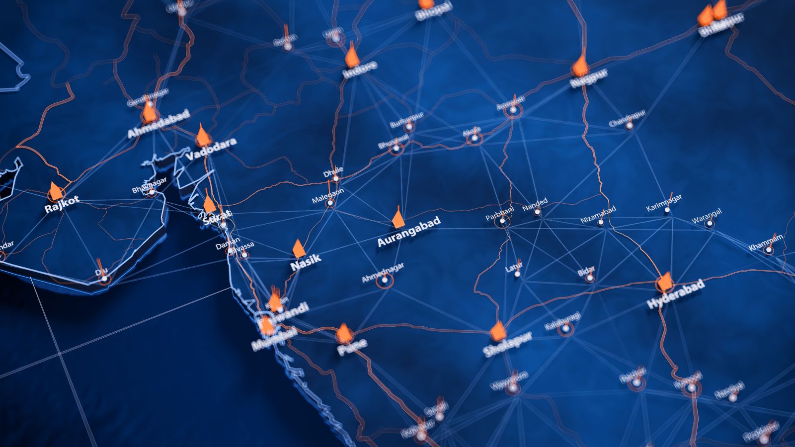 A digital map of western and central India shows Aurangabad, Hyderabad, Rajkot, and Nashik marked in orange and linked by lines.