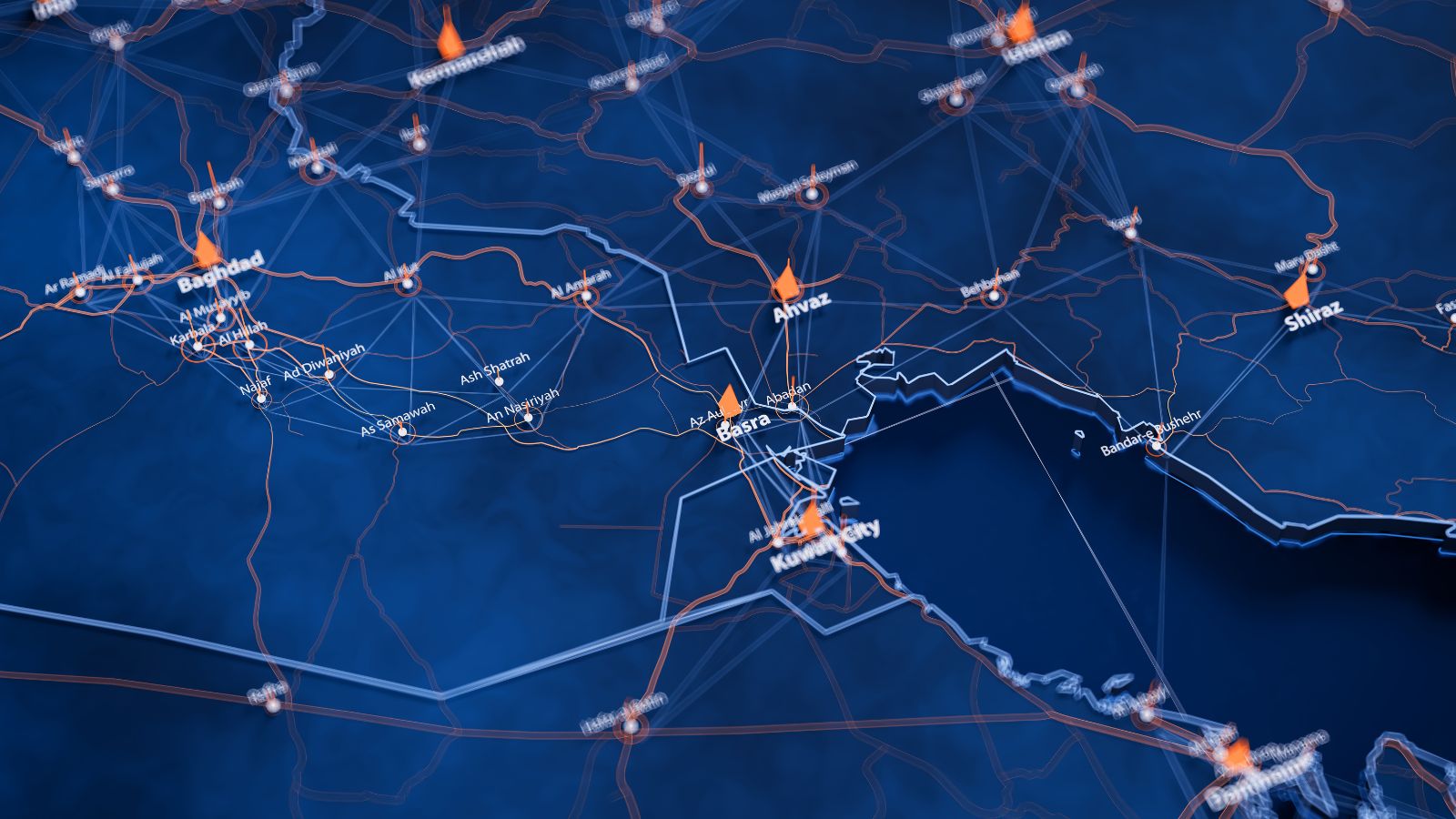 A digital map of Iraq shows Baghdad, Basra, and Kirkuk connected by network lines on a blue background.