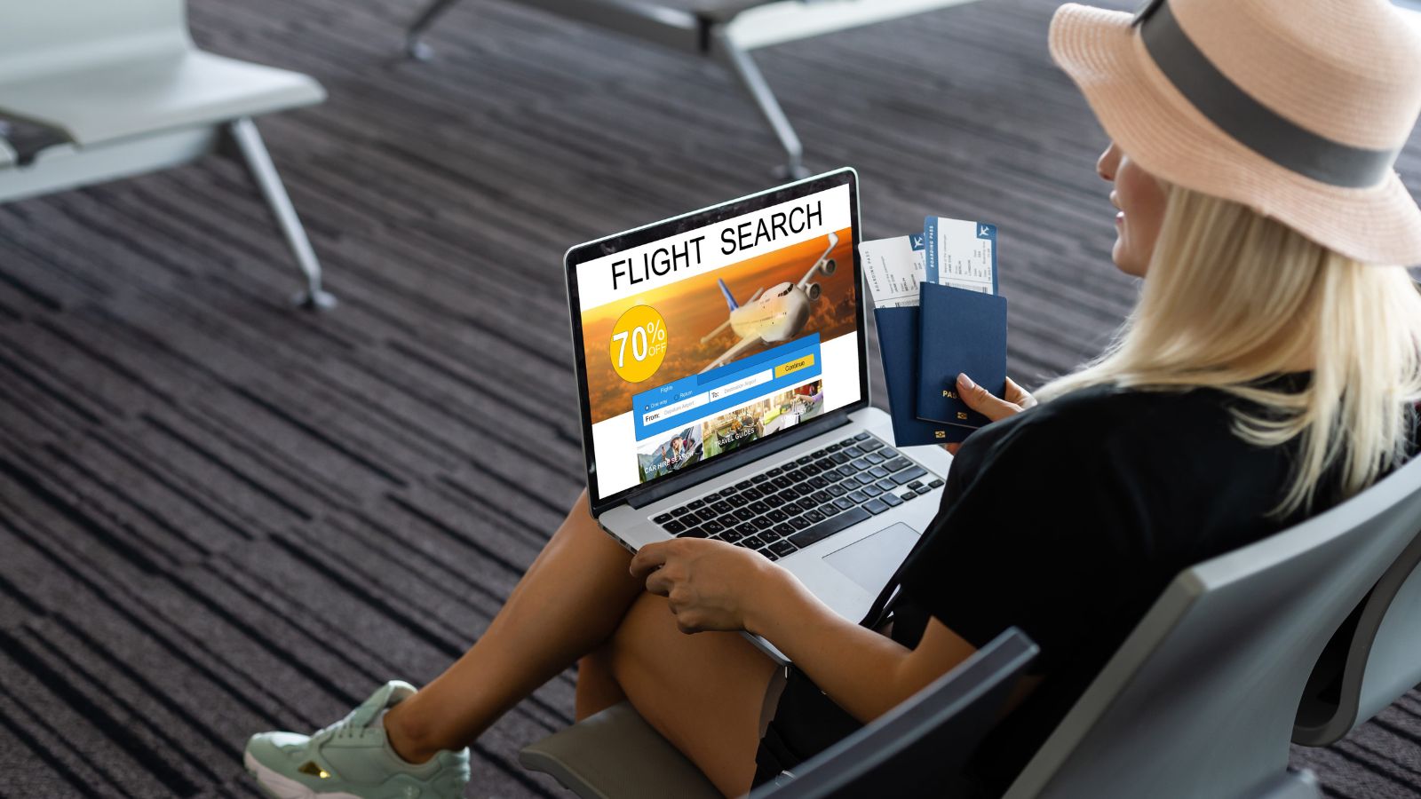 Woman in an airport terminal uses a laptop to search flights, holding her passport and boarding pass.
