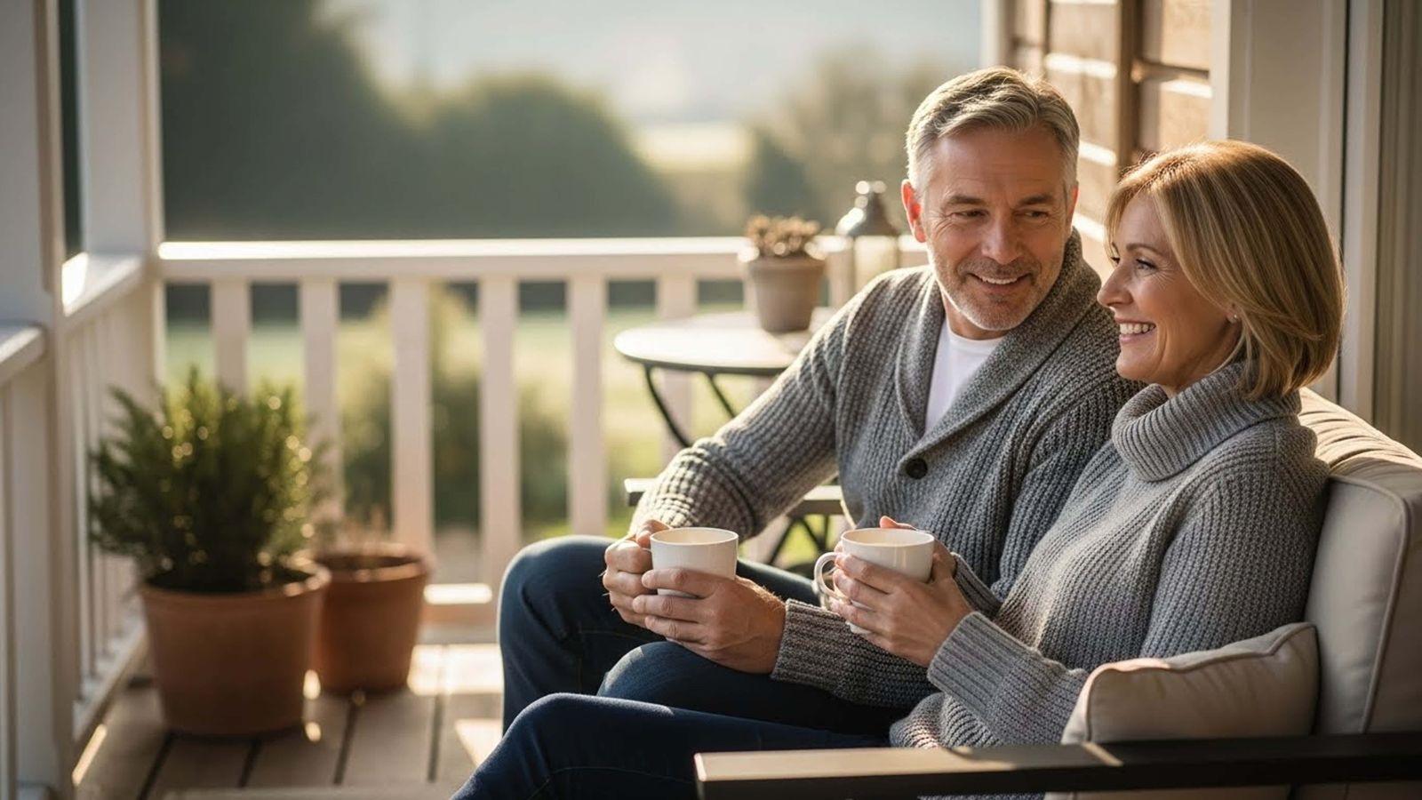 A man and woman in sweaters smile on a porch, holding mugs with potted plants nearby.