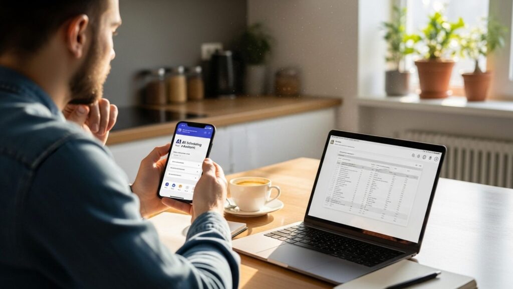 A photo of a person browsing hotel booking website comparing prices on laptop or phone focused on budget travel planning clean setup.
