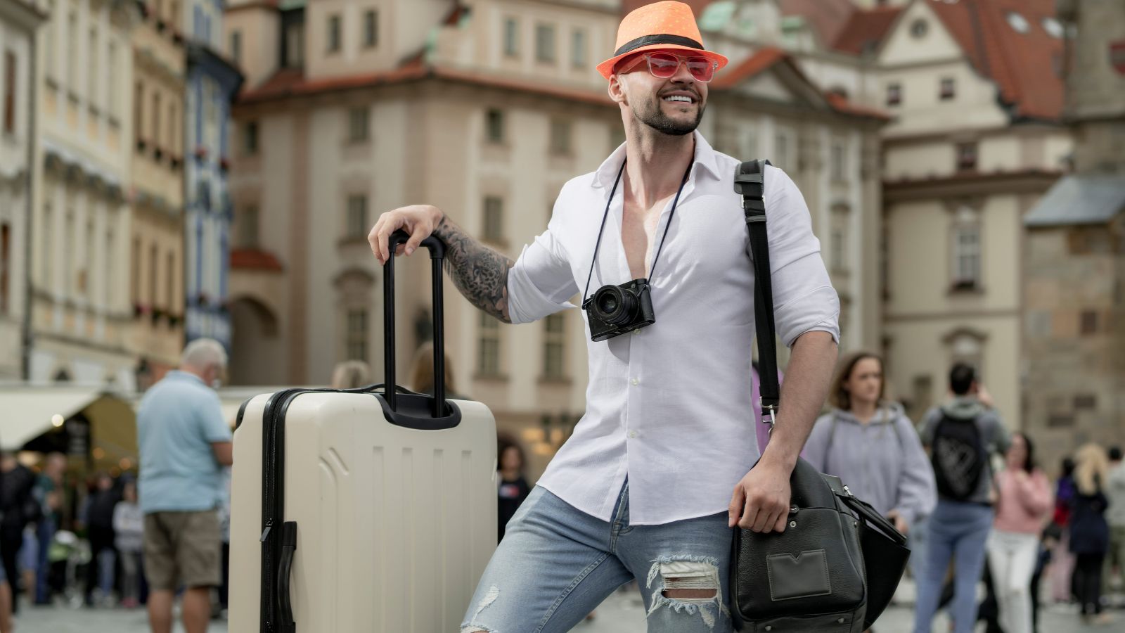A photo of a traveler arriving in a beautiful European city with luggage, looking excited to explore.