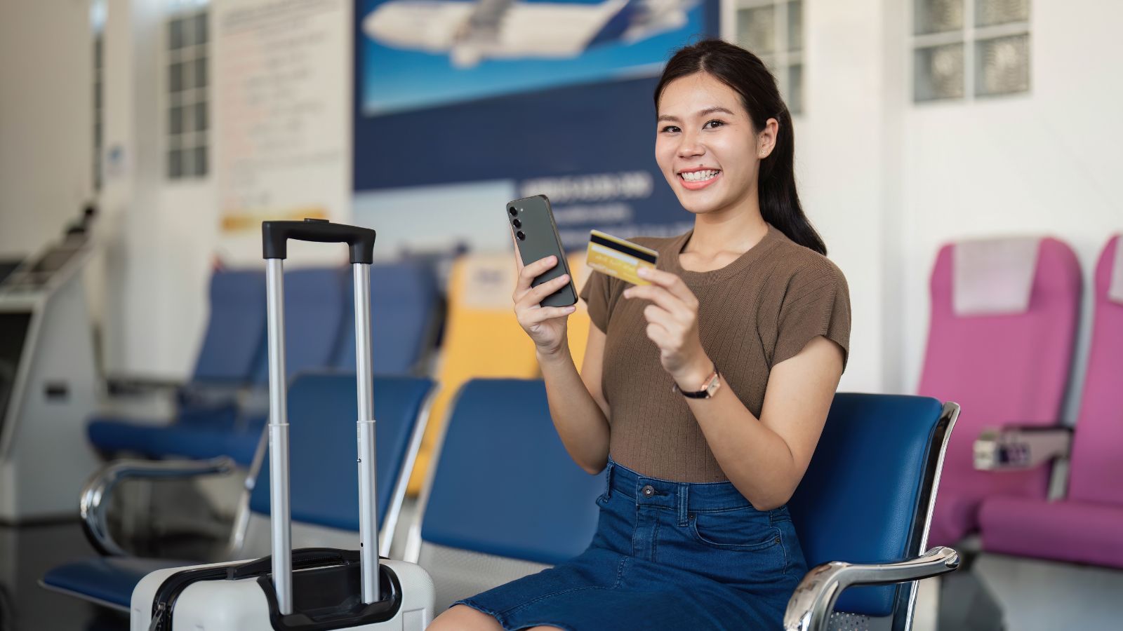 Woman in airport seating holds a smartphone and credit card, suitcase beside her, airplane visible in background.