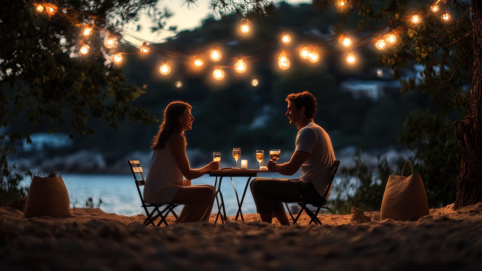A photo of romantic couple walking at sunset or enjoying quiet dinner calm evening relaxed connection intimate travel moment natural light.