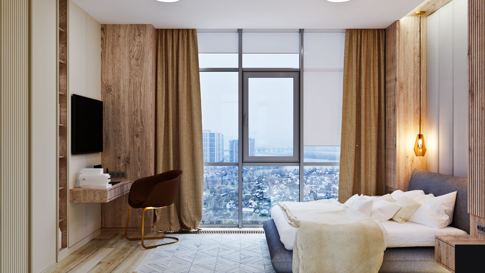 A photo of hotel room with large window overlooking busy city street traffic below contrast beautiful view and urban noise realistic.
