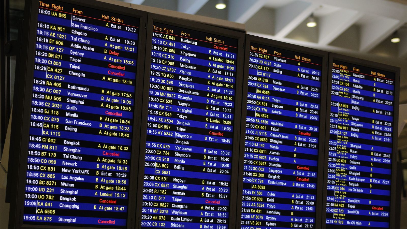 A digital airport departure board lists flights, numbers, destinations, gates, and statuses like delayed or cancelled.