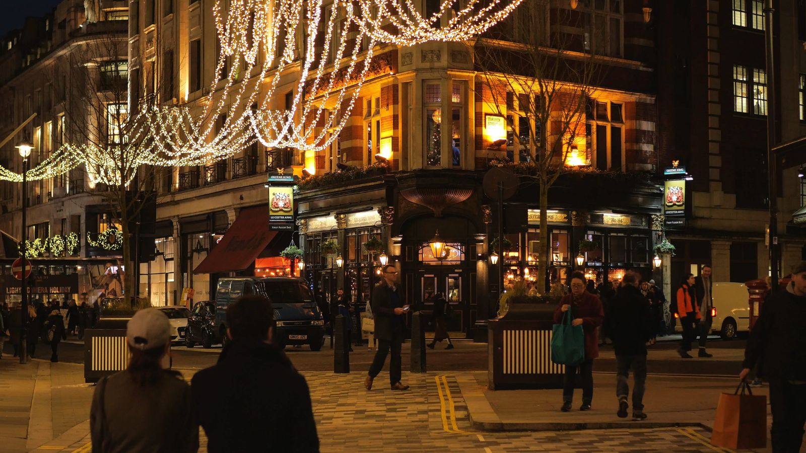 A photo of a travelers arriving at a restaurant on their first night of a trip, slightly tired but excited, evening city atmosphere.