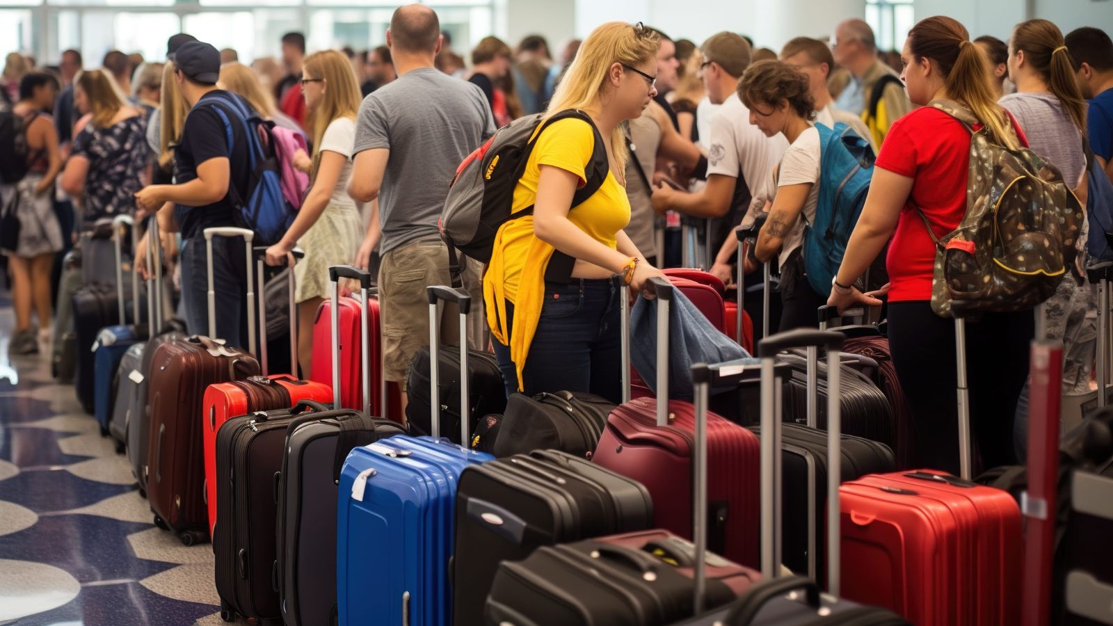 A photo of traveler dragging multiple heavy suitcases struggling airport crowded travel stress realistic candid.
