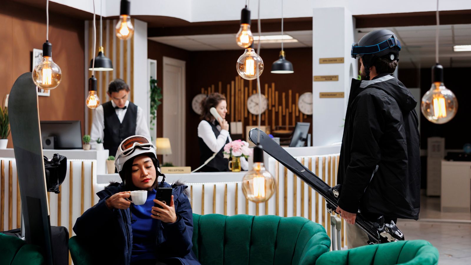 A photo of hotel lobby packed with guests checking out simultaneously late morning rush.