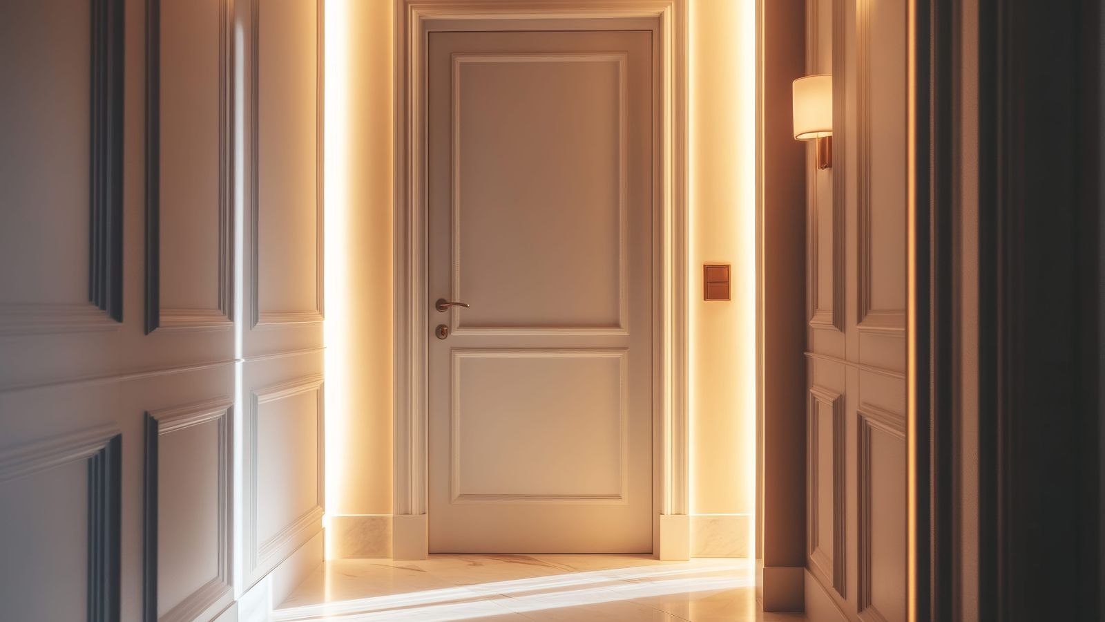 A photo describing quiet mid level hotel hallway with corner room door soft lighting peaceful atmosphere.