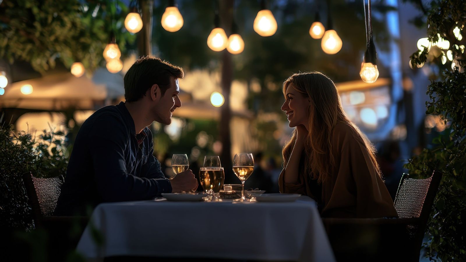 A photo of happy travelers sharing a quiet dinner at a charming outdoor restaurant in a beautiful European city at night.