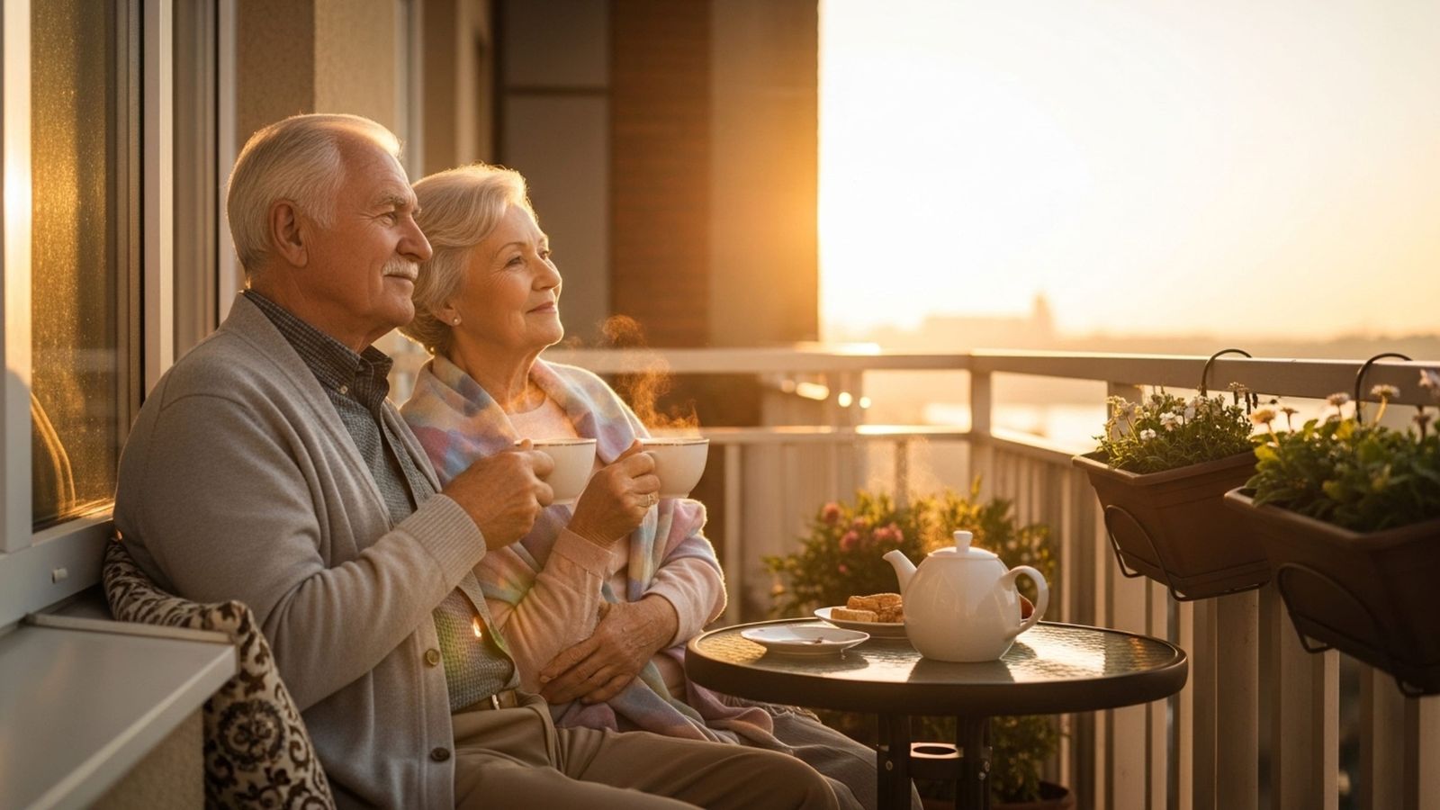 A photo of mature romantic couple relaxing together overlooking scenic view sunset calm intimate connection meaningful travel experience natural light.