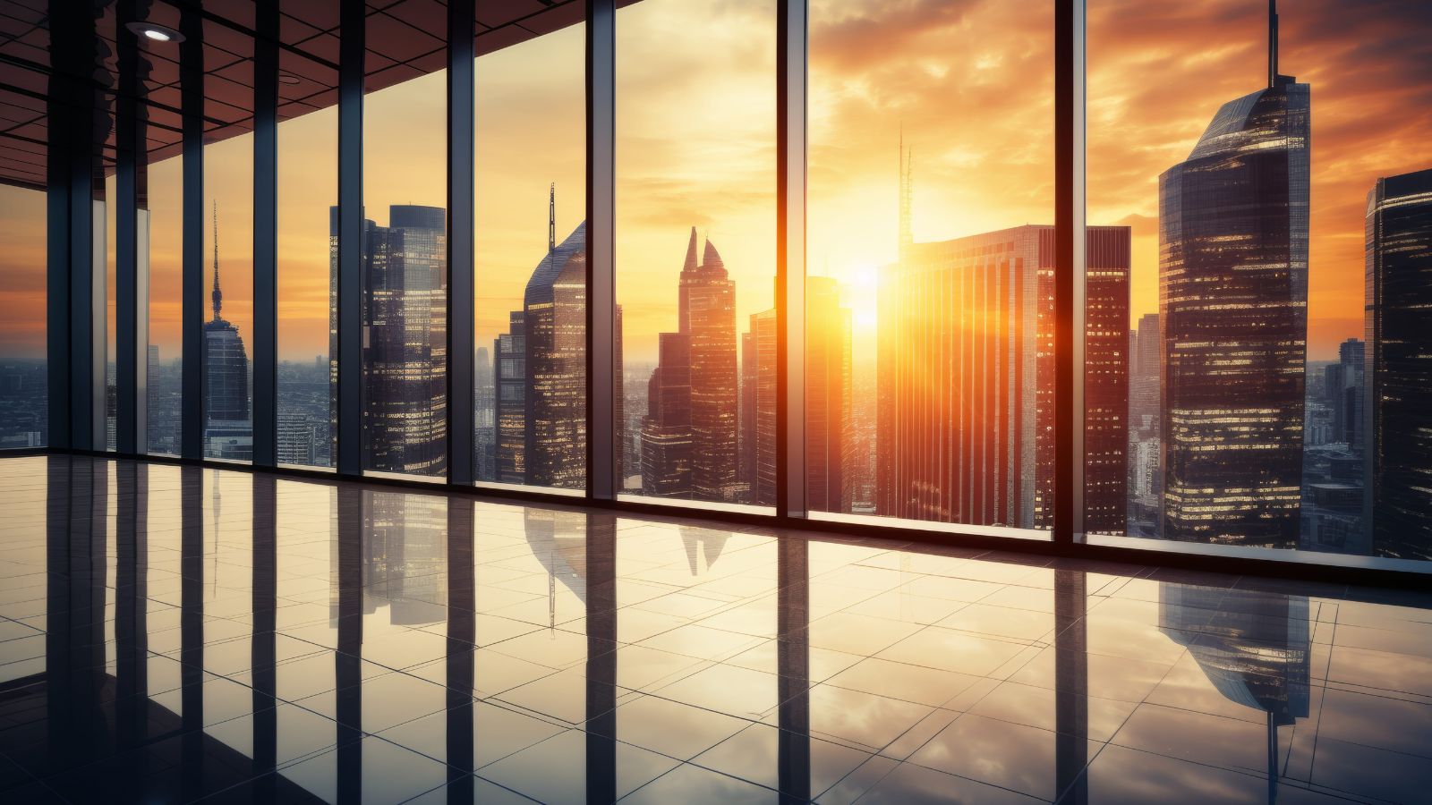 A photo of view from high hotel floor overlooking city skyline at sunset through large window.