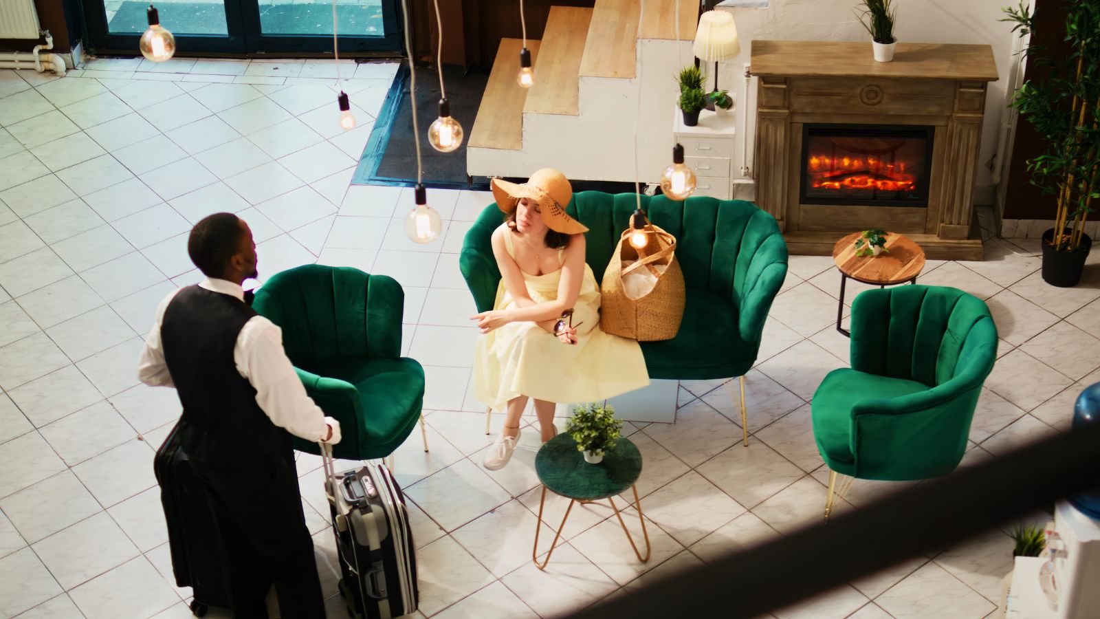 A photo of traveler arriving at a luxurious hotel lobby with elegant design and upscale atmosphere.