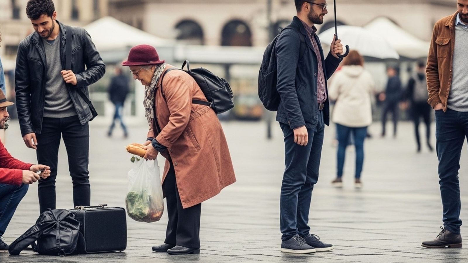 In a city square, an elderly woman with shopping bags bends down near three men, one holding an umbrella and another by a suitcase.