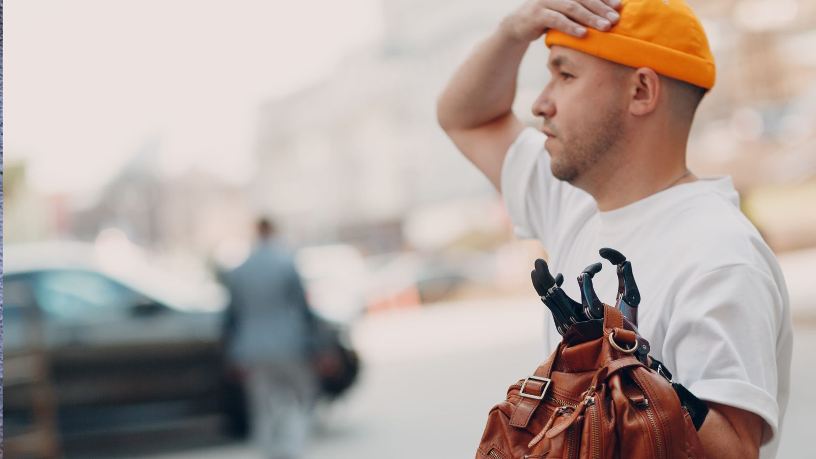 A photo of a solo traveler walking briskly between tourist sites looking tired and rushed busy day travel moment realistic natural light candid.