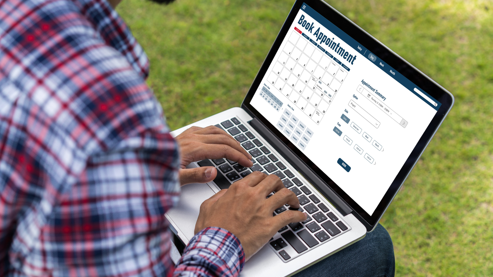 A photo of a traveler looking at a laptop with flight prices and a calendar while planning when to book a ticket.