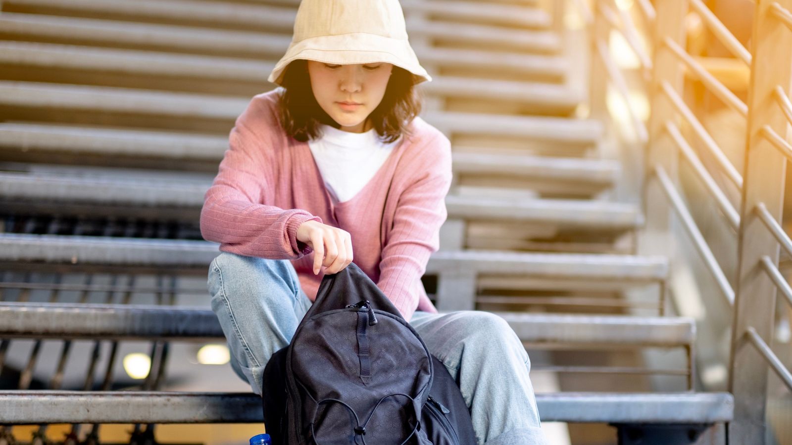 A photo of a exhausted tourist walking in city or sitting looking tired jet lag travel fatigue first day candid realistic.
