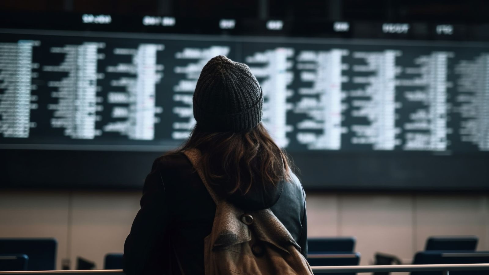 A beanie-clad traveler with a backpack reads a large digital departure board at an airport.