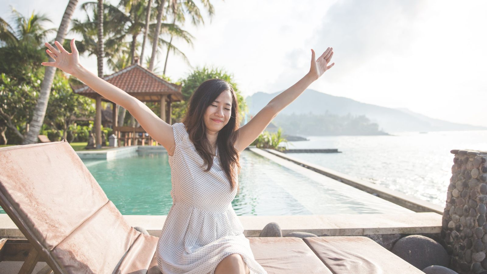 A photo of a Traveler enjoying meaningful holiday experience, relaxed and content, no rush or stress, warm and peaceful style, visual sense of fulfillment and ease..