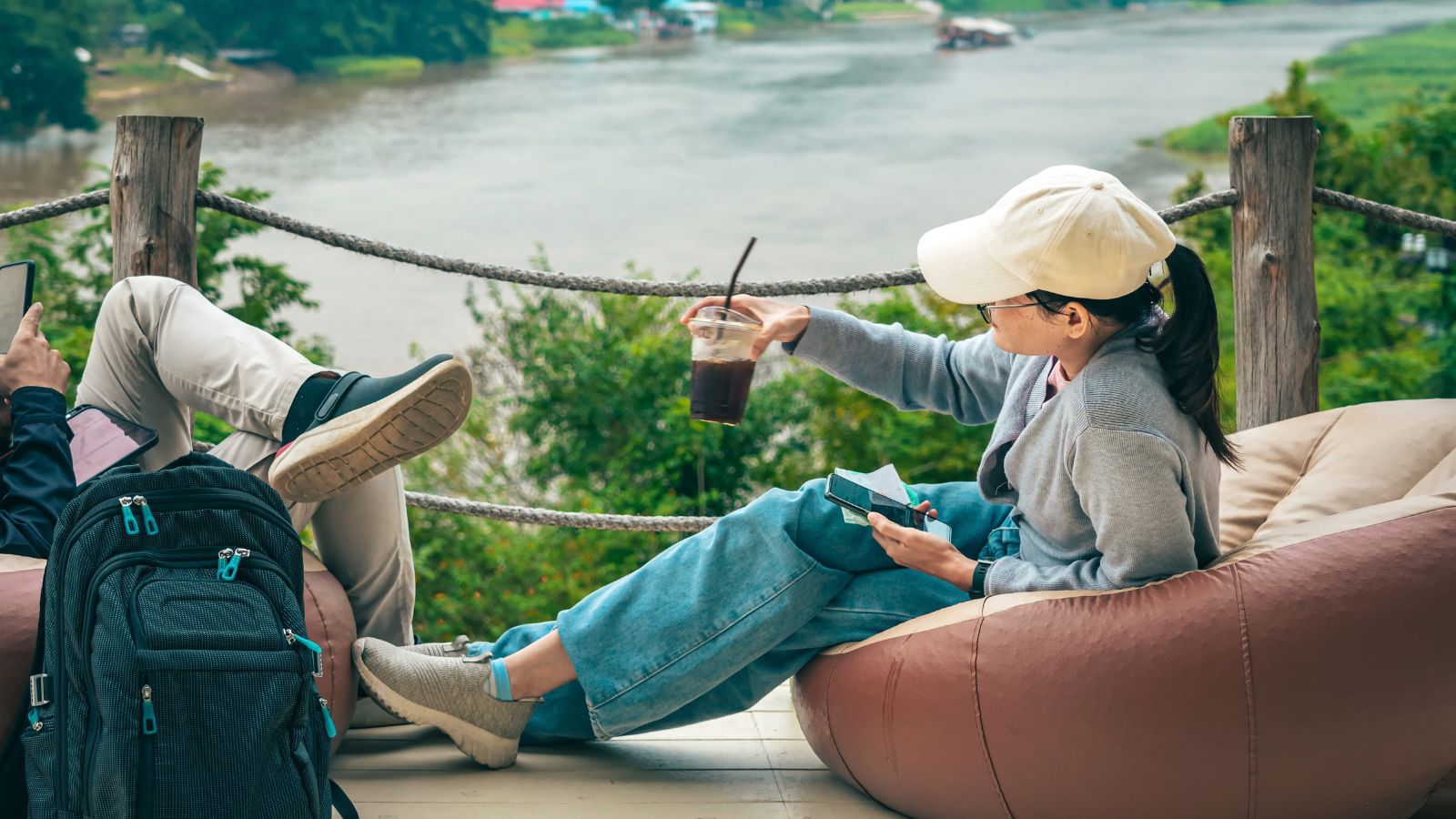 A photo of a traveler enjoying a quiet scenic location relaxed smooth travel experience minimal crowds.