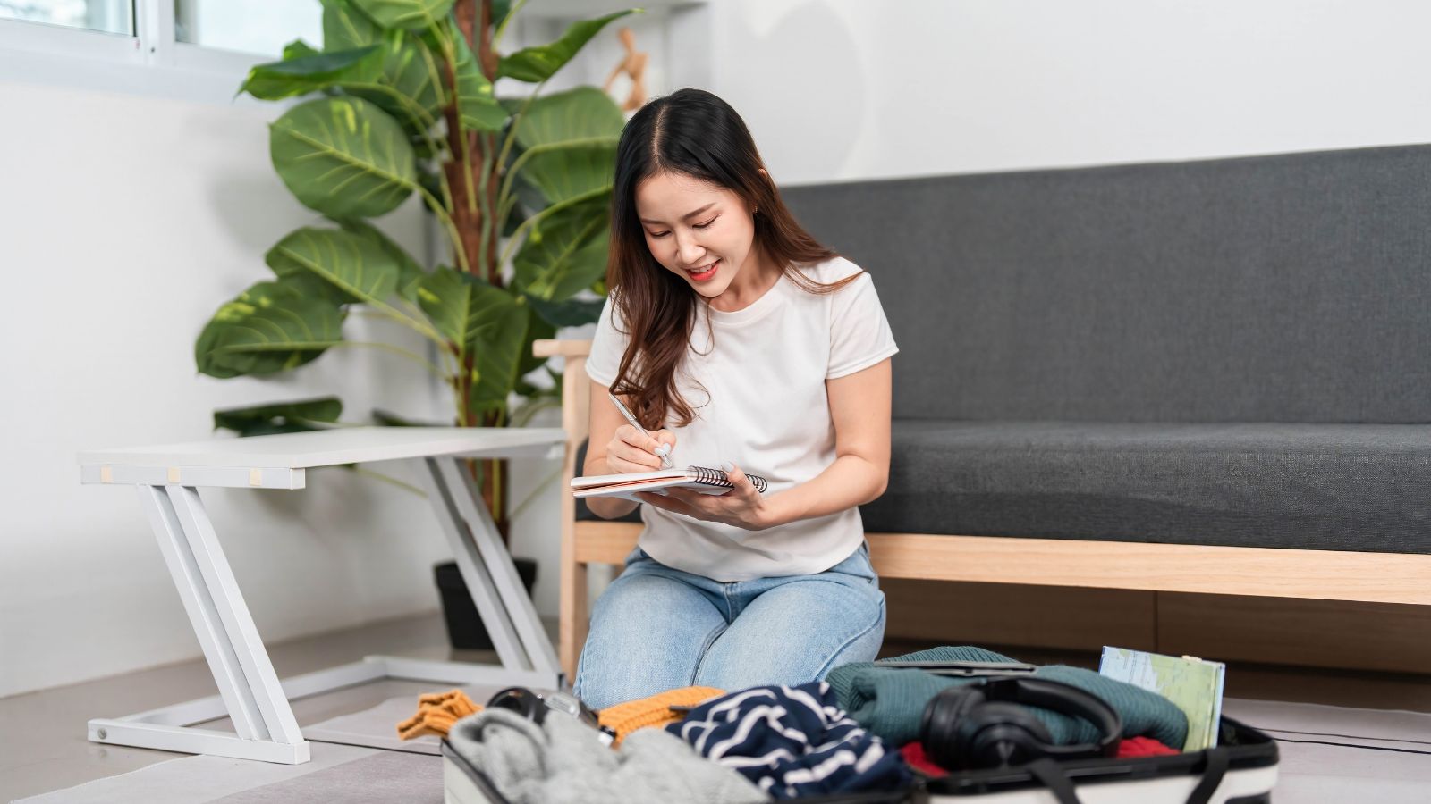 A photo of a traveler sitting with laptop maps and notes looking overwhelmed planning busy itinerary stressed expression indoor natural light candid.