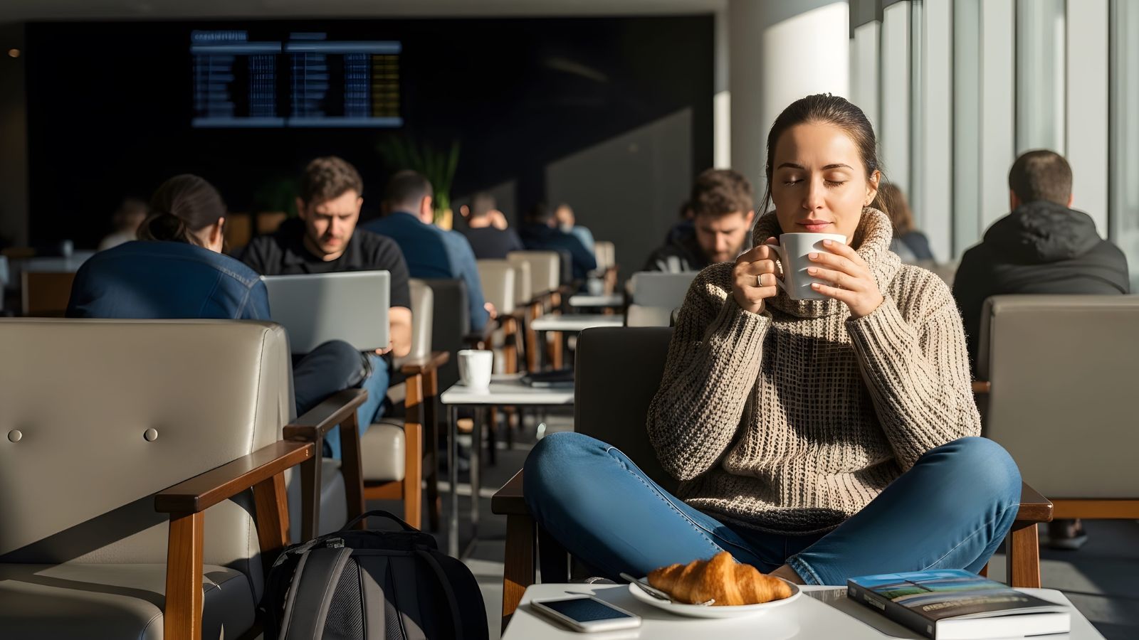 A photo of a traveler sitting calmly at airport or station waiting area relaxed unhurried checking time with ease peaceful travel moment natural light candid.