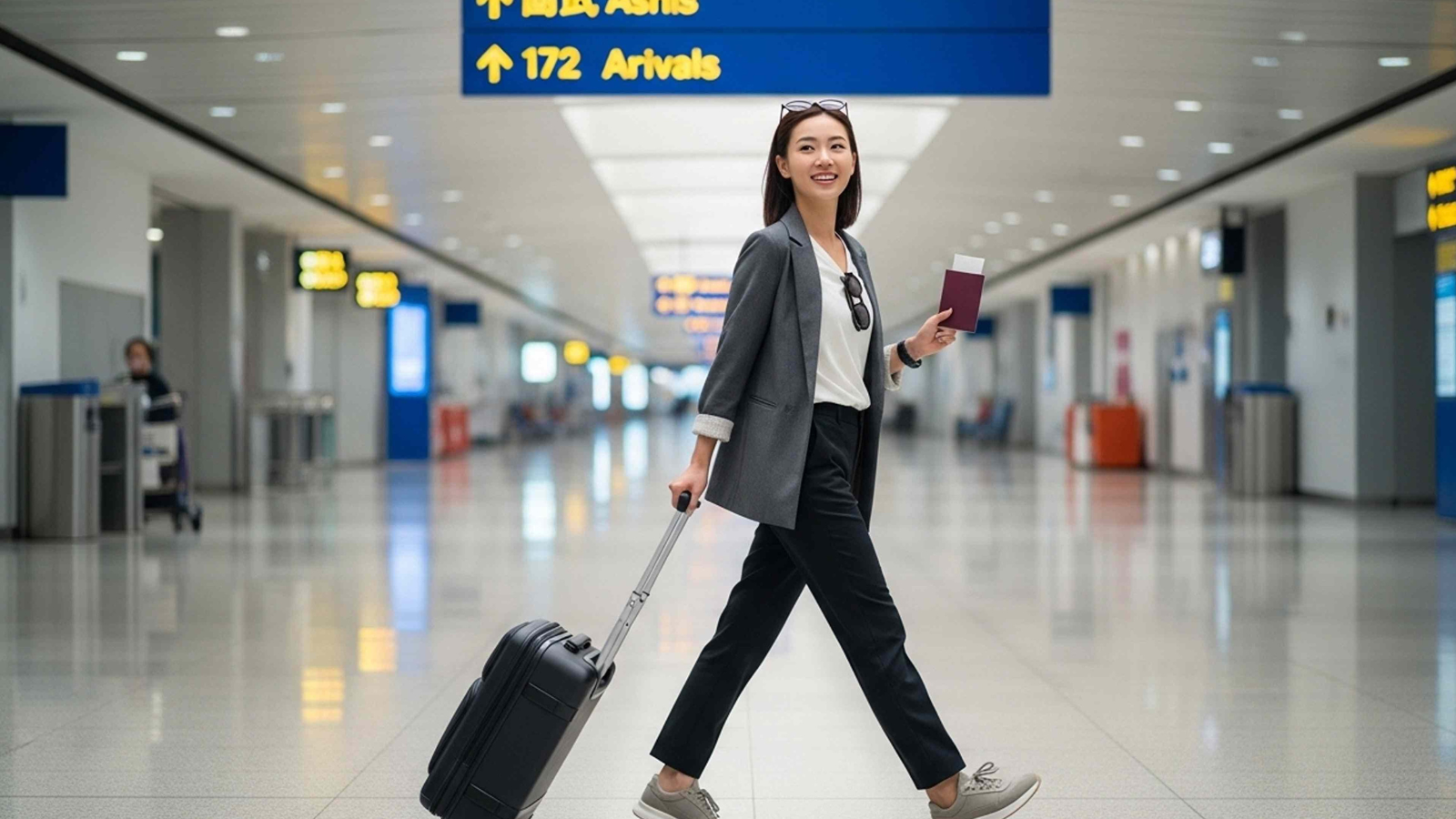 A photo of a traveler at the airport holding a boarding pass and luggage, ready for a smooth trip after booking at the right time.